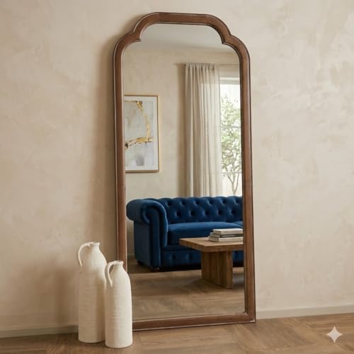 Image of Aafiyat Full Length White Washed Wood Arched Mirror Frame Full Body Mirror Frame for Living Room, Bedroom and Corner Finish Natural Wood Only Frame with Out Mirror No Glass (BROWN)