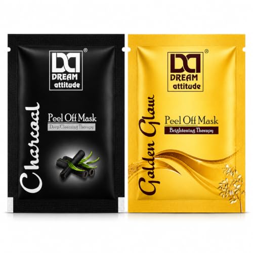 Image of Peel Off Mask Combo Pack of 2 | Charcoal Deep Cleansing Therapy & Golden Glow Brightening Therapy Face Mask Sachets for Fresh, Clean & Radiant Looking Skin | 40ml | Dream Attitude