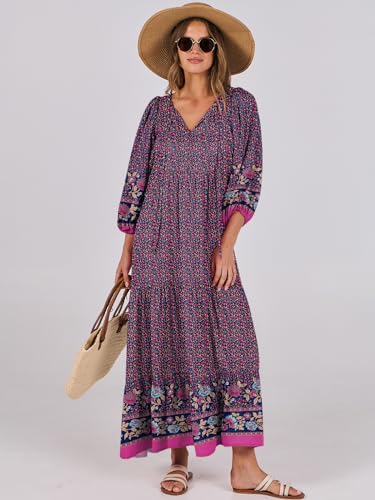 Image of ANRABESS Womens Boho Floral 3 /4 Puff Sleeve Maxi Dress