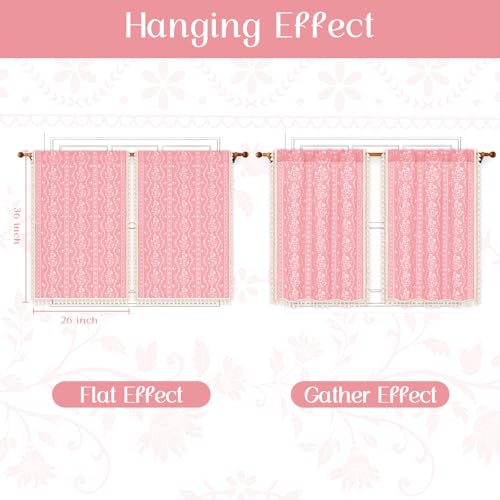 Image of Yinhua Boho Kitchen Curtains 36 Inch Length Vintage Linen Cafe Curtains Light Filtering Bohemian Floral Tier Rod Pocket Farmhouse Rustic Tassel Small Drapes with Tiebacks, 2 Panels, Pink
