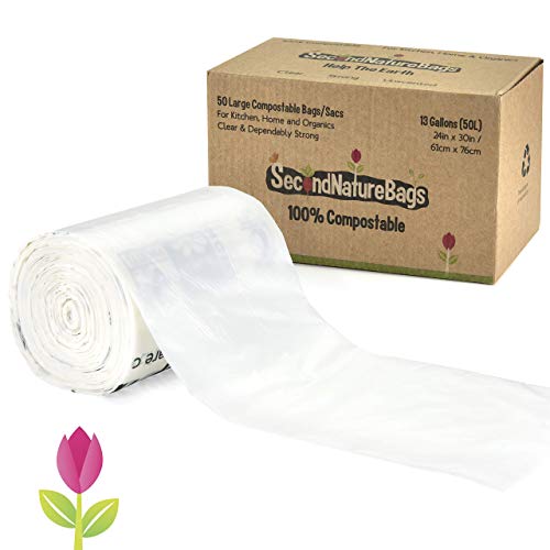 Second Nature Bags, Premium Certified 100% Compostable Biodegradable, 13 Gallon, 50 Bags, Large