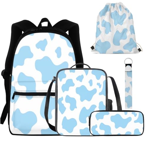GIFTPUZZ Blue Cow Print Backpack Set for Kids Stylish Book Bag with Lunch Box, Pencil Case, Drawstring Bag & Keychain Suit for School, Travel & Daily Use Daypack Cute