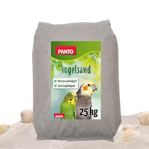 PANTO Vogelsand mit Anis und Muschelkalk, 25 kg – artgerechte Einstreu für Vogelkäfige von Wellensittichen, Papageien, Ziervögel