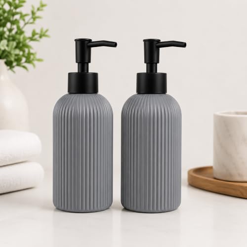 Image of Rioware Ceramic Soap Dispenser Hand Wash Bottles for Basin | Multipurpose Refillable for Liquid Shampoo, Kitchen, Bathroom, and Household Use | 300Ml, Pack of 2 - Solid Grey