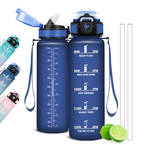 Mujigaga Gourde 1L, Gourde Sport avec Paille et Graduée, 1 Litre Étanche, Bouteille d'Eau Motivation pour Fitness, Bureau, l'école