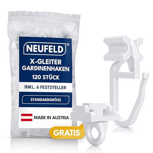 NEUFELD® 120 X-Gleiter (inkl. 6 Feststeller) - Gardinengleiter in Standardgröße - Gardinenhaken für Schienen - Gardinenröllchen