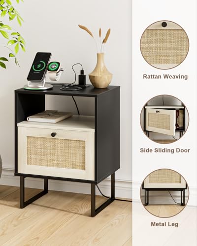 Image of Rattan Nightstand with Charging Station, Boho Night Stand Farmhouse Wood Bedside Table with Storage and Open Shelf, End Side Accent Table for Bedroom,Living Room,Black and Oak