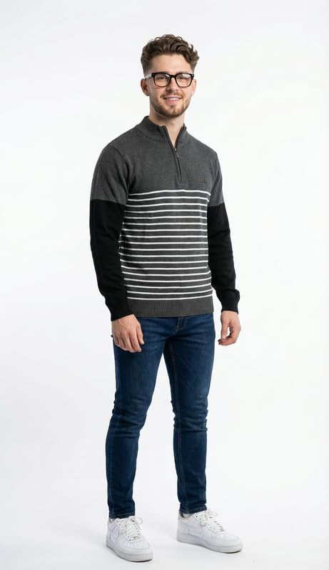 forwards Striped Mock-Neck Quarter-Zip Full-Sleeve Sweater for Men [Flat-Knit Pullover]-picture-48