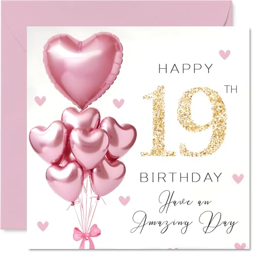 19th Birthday Cards for Women - Pink Glitter Balloons - Happy Birthday Card for 19 Year Old Woman Daughter Friend Sister Cousin 145mm Bday Greeting Cards