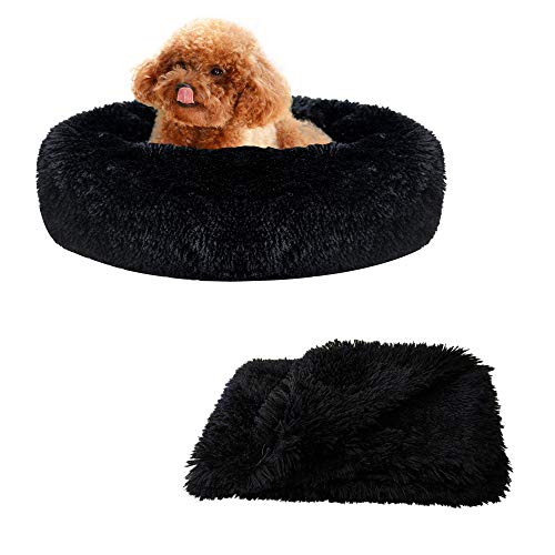 Dog Bed Pet Bed Donut, Self Warming Dog Sleeping Bed,Soft Plush Pet Cushion for Relief and Improved Sleep,Machine Washable (S:24INCH, Black)