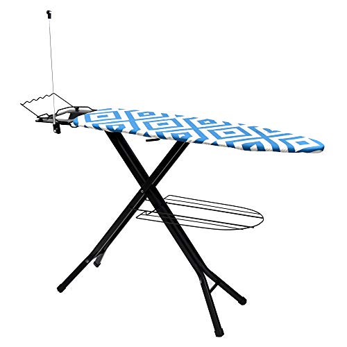 Haus Alchemy Ironing Board 7mm Felt Padding Mesh Top|100% Cotton Cover|L-136cm x B-36cm|10x Height Adjustments up to 90cm|Includes Iron Rest|Wire Hanger|5X Cloth Hanger Space| Foldable Garment Rack