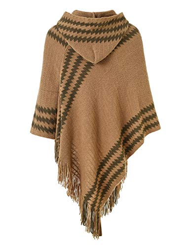 Ferand Chic-cape voor dames, met capuchon, gebreid, zigzagstrepen en franjes - Image 3