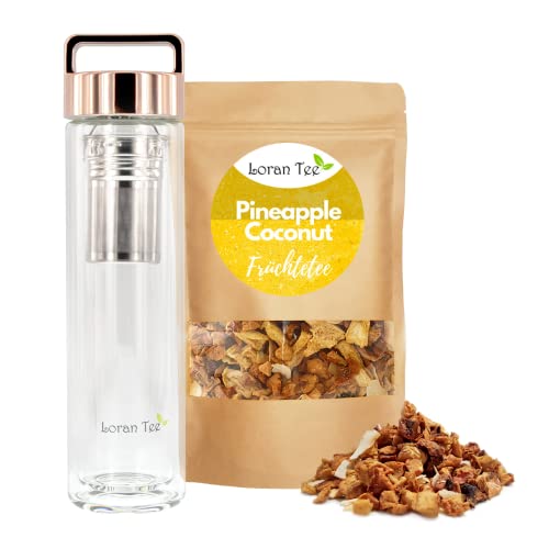 LORAN - Pineapple-Coconut Set, Kokos-Ananas Früchtetee, lose 200g,Teeflasche mit Sieb to go Teamaker 500 ml, Doppelwandig, Isoliert Cover