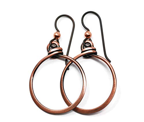 Salish Sea Inspirations Antique Copper Hoop Earrings - Hypoallergenic Niobium Ear Wires (1" Diameter)