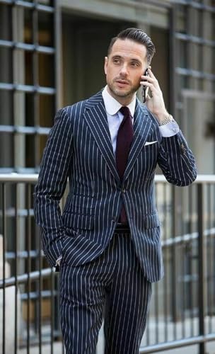 Mens Pinstripe Suit 2 Piece Slim Fit Stripe Suit Wedding Groom Tuxedo Suits4