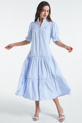 D-Sun Women Casual Button Down Maxi Dress Short Puff Sleeves Stand Collar Tiered Elegant Flowy Swing Long Dress with Tie3