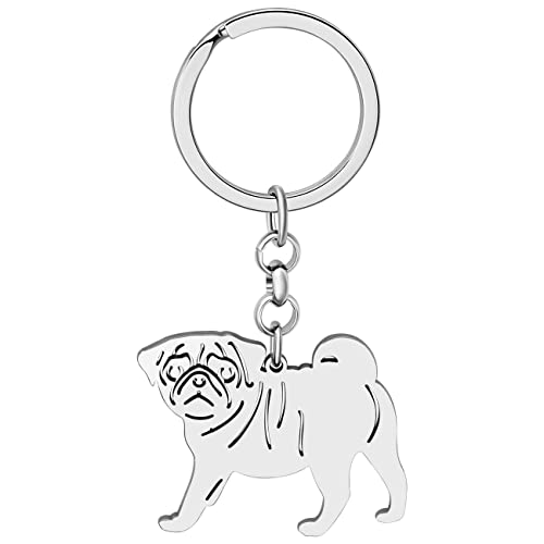 NEWEI Edelstahl Hund Schlüsselanhänger Cute Pet Hund Schlüsselanhänger für Frauen Mädchen Geldbörse Autoschlüssel Charms (Versilberter Mops)
