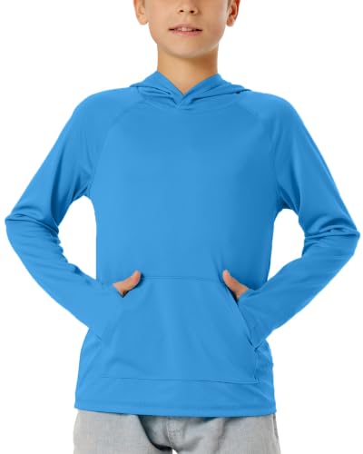 Image of Boys Rash Guard Long Sleeve Hoodie Swim Shirt with Pocket Youth Kids UPF 50+ Sun Protection Fishing Shirts Thumb Hole