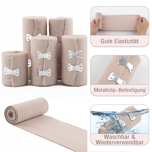 Deepton 9 Stück Elastische Binde, Fixierbinde mit 2 Clips, Medizinische Binden Verband, Elastische Bandage, Gedehnt Luftdurchlässig Wrap Kompressionsrolle für Handgelenke Knöchel Knie (5/7,5/10cm)