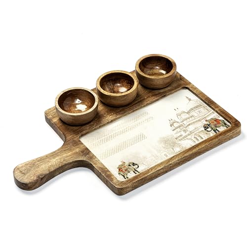 Image of Handcrafted Mango Wood Serving Platter with 3 Dip Bowls | Traditional Elephant Print | Waterproof, Heat-Resistant, Food-Safe Lacquer Finish | 15.5 x 10 Inch | Made in India (3katori-WhiteElephant)