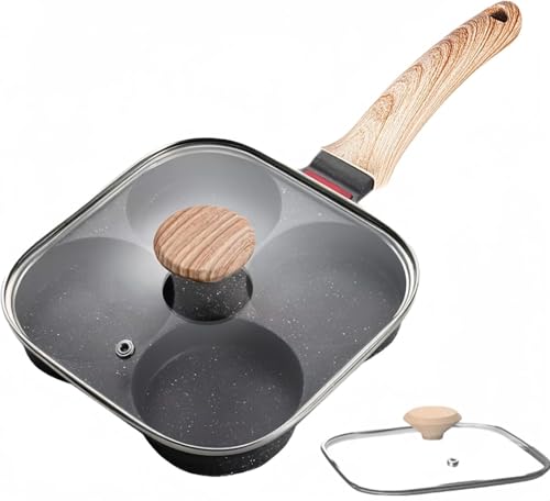 Image of Non-Stick 4-Hole Frying Pan for Cooking | Heavy-Duty Iron Egg Frying Pan with Wooden Handle | Multi-Section Omelette & Pancake Maker | Non-Stick Breakfast Skillet for Kitchen (Black)
