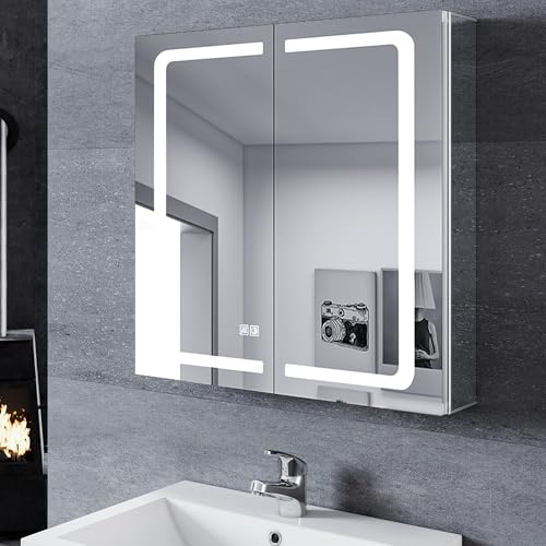 SONNI Armario Espejo Baño con Luz 65 x 65 cm Bisagra Conductora Antivaho,Interruptor Táctil,2 Puertas,Espejo de Baño con Armario y LED,Aluminio y Enchufe para Afeitadora