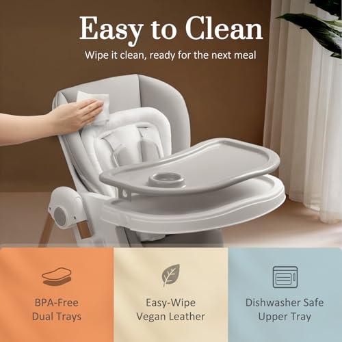 Image of Mallify Foldable High Chairs for Babies and Toddlers, 3-in-1 Convertible Baby High Chair with Removable Soft Cushion and Tray, Adjustable Height & Recline, Lockable Wheels, Ligh Gray