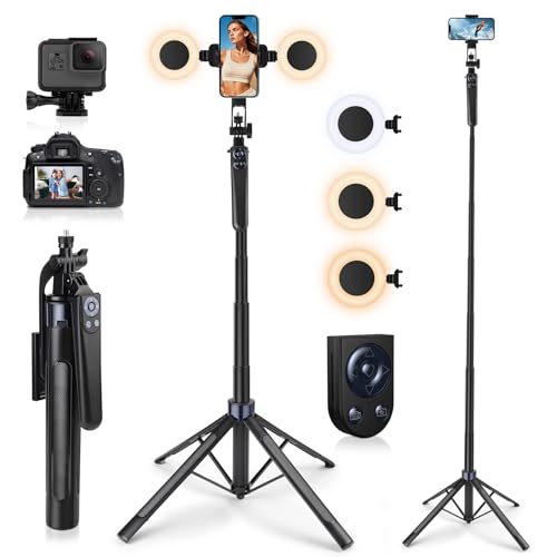 Avaspot 71 Phone Tripod with 2 LED Fill Lights & Removable Remote All-in-One Extendable Selfie Stick Tripod for iPhone Android & Camera Ideal for Selfies Vlogging & Video Recording