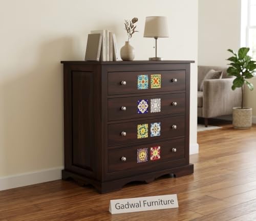 Image of Wooden Chest of Drawers for Living Room with 4 Drawer - Solid Wood Chest of Drawers Wooden Drawer Cabinet Chest of Drawer for Bedroom Storage Cabinet (James, Walnut Finish)