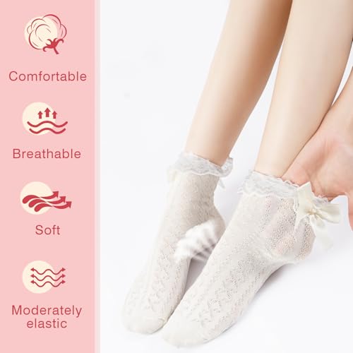 Image of YOYOU Lace Socks Women Off White Bow Lace Ruffle Ankle Socks for Dress Lolita 3 Pairs