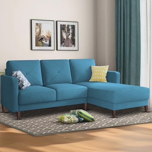 Image of Baloney RHS 4 Seater L Shape Sofa Set for Living Room (Turquise Fabric) Premium Fabric Sofa