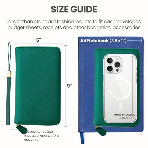 Image of Three Way Cut Cash Envelope Wallet Emerald Green All in One Budget System RFID Blocking with 12x Tabbed Envelopes 12x Monthly Budget Cards 1x Yearly Budget Planner Sheet Complete Money Organizer Set