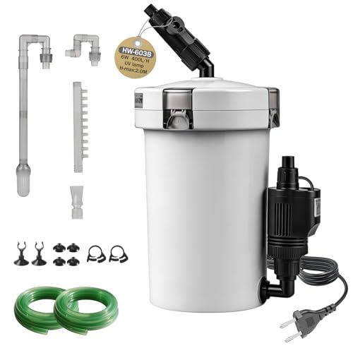 EXLECO Filtre Aquarium Externe Réglable 400L/H 6W, Silencieux Pompe a Air Aquarium avec Matériel de Filtration, pour Réservoir Jusqu’à 150 L, pour...