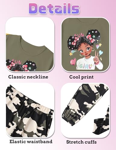 Image of mksodop Girls Outfit Set Graphic T Shirt and Camo Jogger Pants Cute Casual Clothes for Girls 5-16 Years