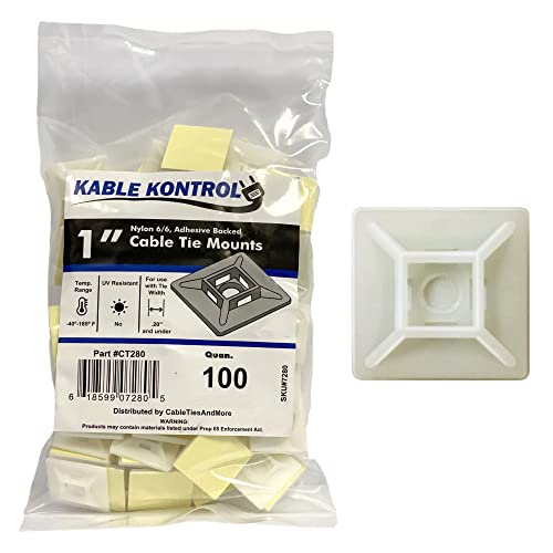 Kable Kontrol Zip Tie Mounts, 1” Sq, Natural White, 100 Pcs, Adhesive Backed Multi-Purpose Mounting Squares Nylon Cable Tie Wrap Anchor Pads For Cable Management #TOP8