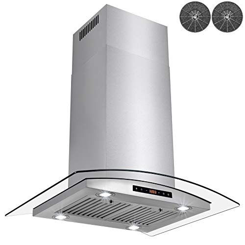 AKDY 36 in. Convertible Island Mount Range Hood with Tempered Glass and Touch Control Carbon Filters in Stainless Steel
