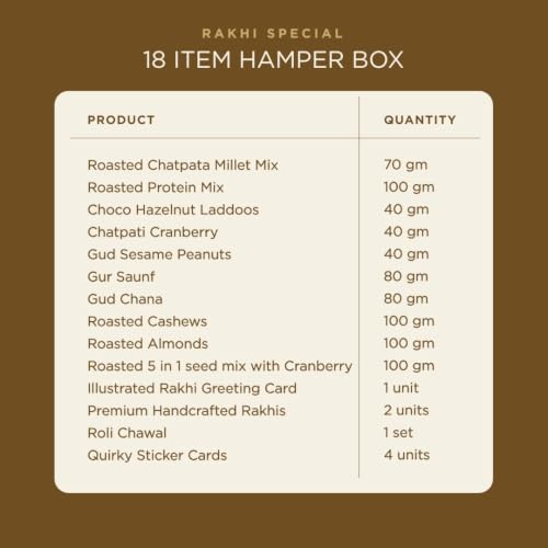 Image of Healthy Treat Magic Box Rakhi Hamper for Brother with Dry Fruits, 18 Items | Rakhi Pair, Roli Chawal, Almonds, Cashews, Seed Mix, Gud Chana, Gud Saunf, Sesame Peanut, Chocolate Laddoo, Raksha Bandhan