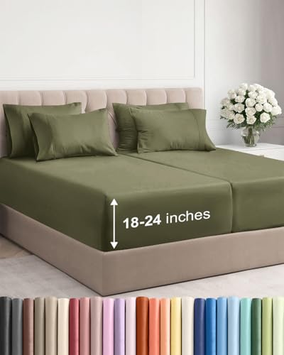 Image of Extra Deep Split King Sheet Set - 7 Piece Breathable & Cooling - Sage Green | Hotel Luxury Bed Sheets Set, Easy & Secure Fit, Ultra-Soft, Wrinkle & Fade Free, Comfy Sheets Set with Extra Deep Pockets