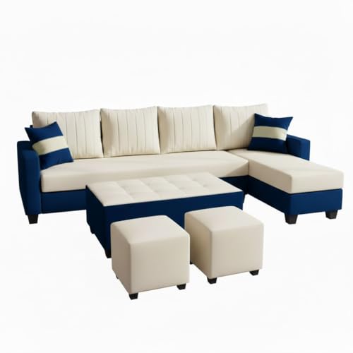 Image of FURNY Avenue 8 Seater Fabric RHS L Shape Sofa Set with 1 Centre Table & 2 Puffy (Cream-Dark Blue) Premium Velvet Finish