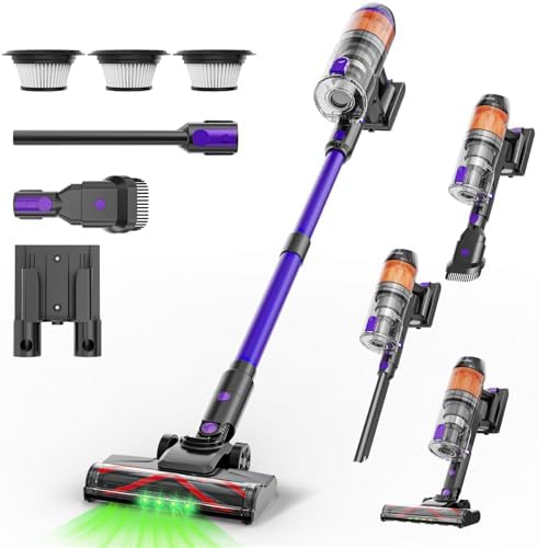 Cordless Vacuum Cleaner Pet Hair-500W 40Kpa Strong Suction, 60Min Runtime, Lightweight Cordless Stick Vacuum with LED Display, Anti-Tangle Brush & 3 HEPA Filters, Wall-Mountable for Home,Purple