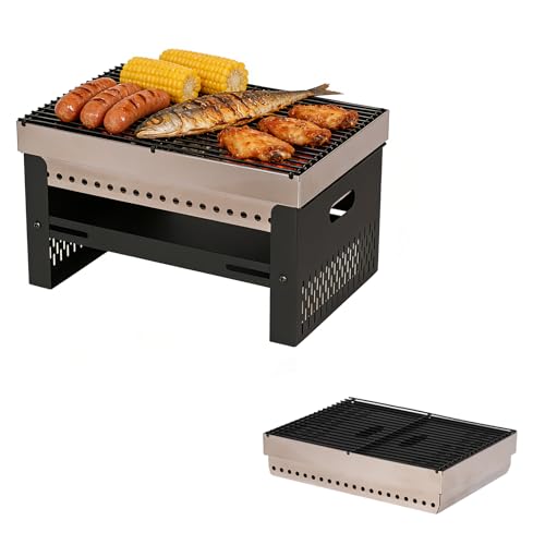 Portable Charcoal Grill Small Tabletop BBQ Foldable Mini Hibachi Stainless Steel Camping Grill Compact Outdoor Cooker for Picnic Tailgating