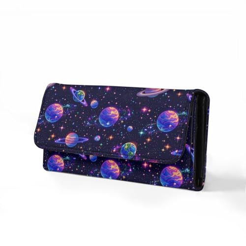 Image of AFPANQZ Planet Print Leather Wallets for Women RFID Blocking Checkbook Wallet with Cit Card Slots Phone Holder Zip Pocket, Buckle Closure, Ladies Purse