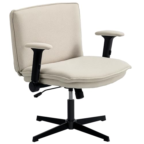 HOMCOM Silla de Oficina Piernas Cruzadas, Silla de Escritorio con Reposabrazos Abatible, Asiento Ancho de 63 cm, sin Ruedas, Altura Ajustable, Giratoria, Función Basculante, Tapizada en Lino, Crema