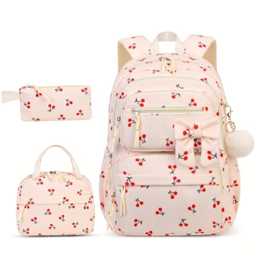 Sac à dos cerise velours côtelé beige avec trousse et sac repas pour femme