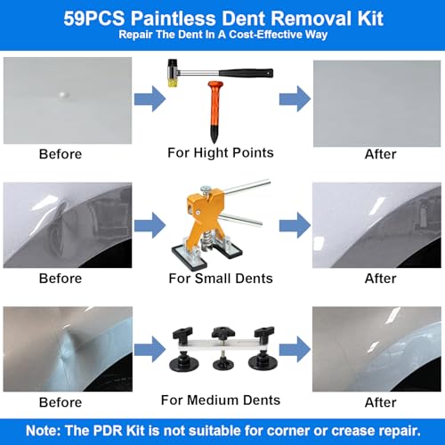 Image of Paintless Dent Repair Kit 59PCS, Dent Puller Kit with Golden Lifter, Bridge Puller, Hot Glue Dent Puller and PDR Tools, Car Dent Repair Kit for Door Dings, Hail Damage and Metal Surface Dents