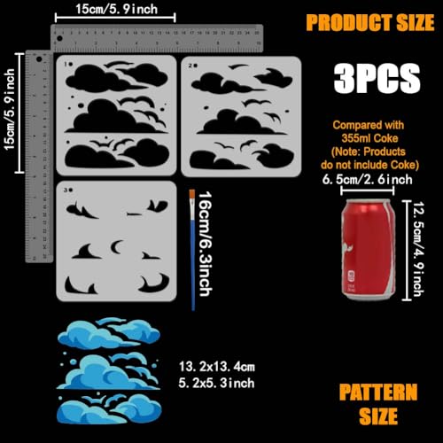 FINGERINSPIRE Estêncil de camadas de nuvens com pincel de pintura 15 x 15 cm, céu nuvens, natureza,