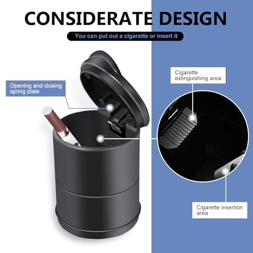 Image of Shakas Car Ashtray with Lid, One Hand Opening and Closing Creative LED Light Design High Temperature Resistant Flame Retardant Liner Small Trash Can, Portable Accessories for Most Cars (Black)