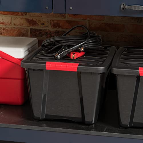 Image of IRIS USA 32 Qt Stackable Plastic Storage Bins with Lids, 6 Pack - BPA-Free, Made in USA - Garage Organizing Solution, Latches, Durable Nestable Containers, Secure Pull Handle - Black