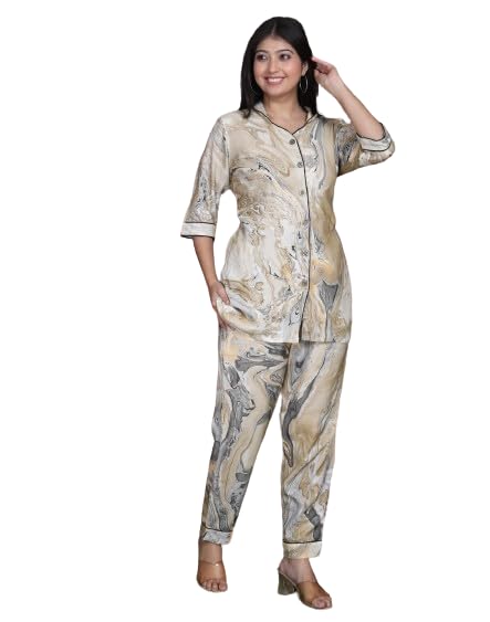 Woman Rayon Night Suit, Marble Printed-picture-46