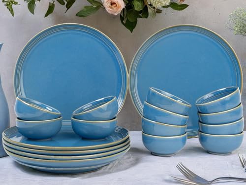 Image of Bodhi House Handcrafted Chip Resistant Porcelain Dinner Set, 18 Pieces Dish Set Serving for 6, Microwave and Dishwasher Safe, Bone-ash Free, Crockery Set for Dining and Gifting, Mid Blue